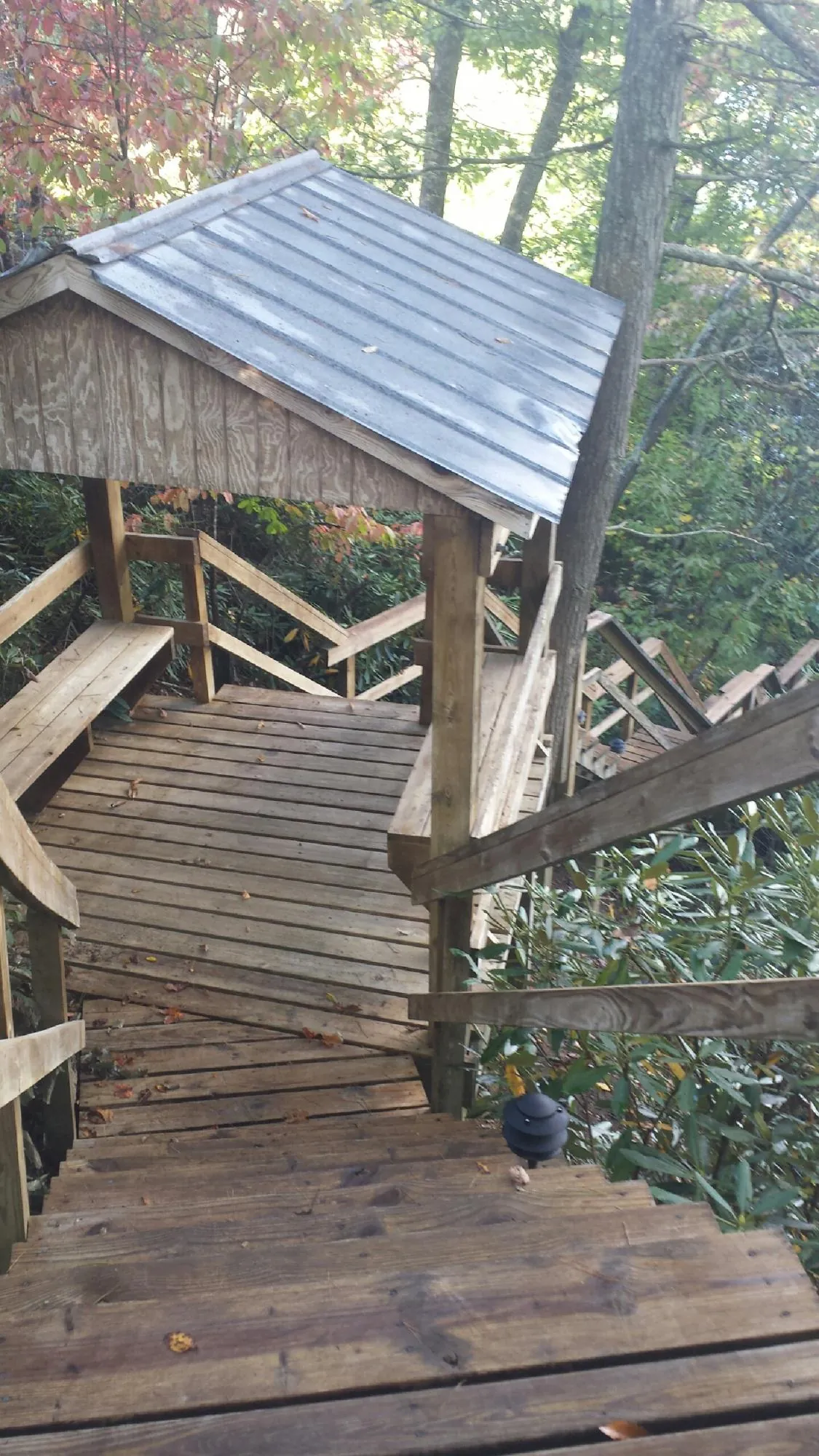 Metal roofed shelter over wooden steps on a wooded walkway — Skylight Repair & Installation work by our crew in North Fork